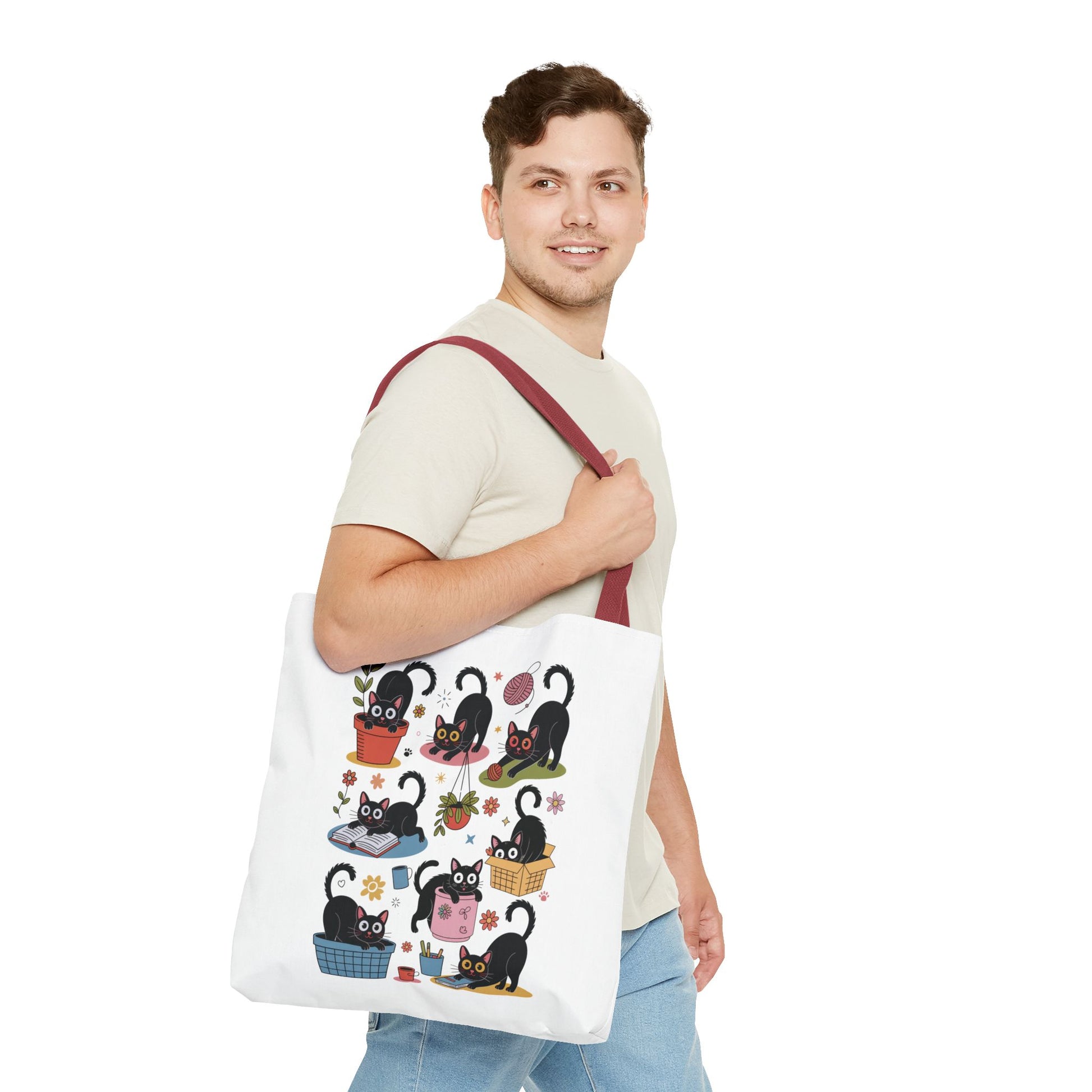 Cat Tote Bag - Curious Cat Design: A whimsical tote featuring a curious cat illustration, ideal for cat lovers. Durable polyester with reinforced handles, perfect for errands or beach trips. Available in various sizes.