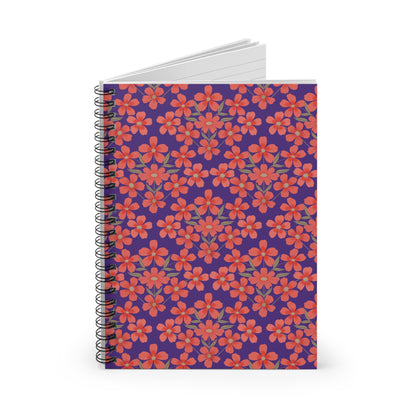 Floral Spiral Notebook featuring coral-red flowers and green leaves on a deep purple cover, designed by FireBrook Essentials. Ideal for creative writing, note-taking, and adding a joyful touch to your day.