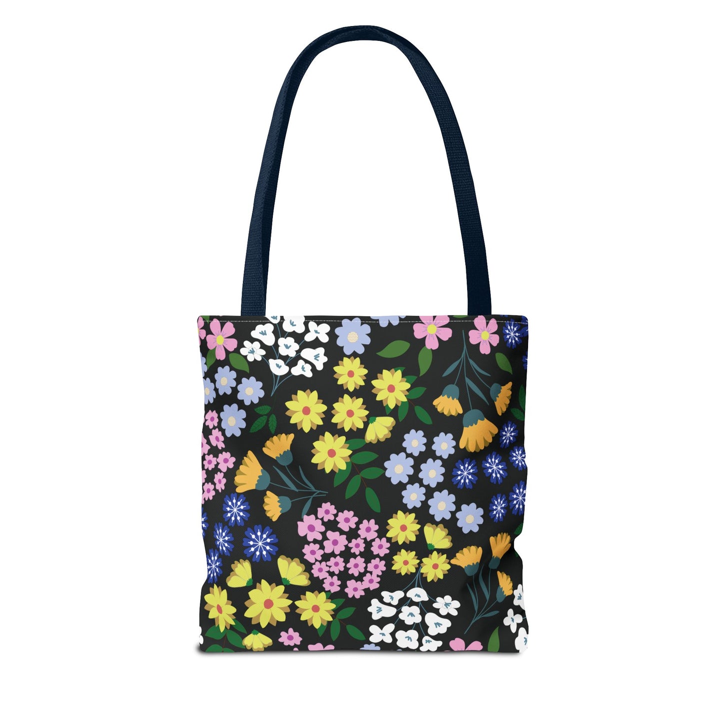 Starry Night Blooms Tote Bag features a vibrant floral pattern on a black background, complemented by dark handles, ideal for adding a cheerful touch to any outing.