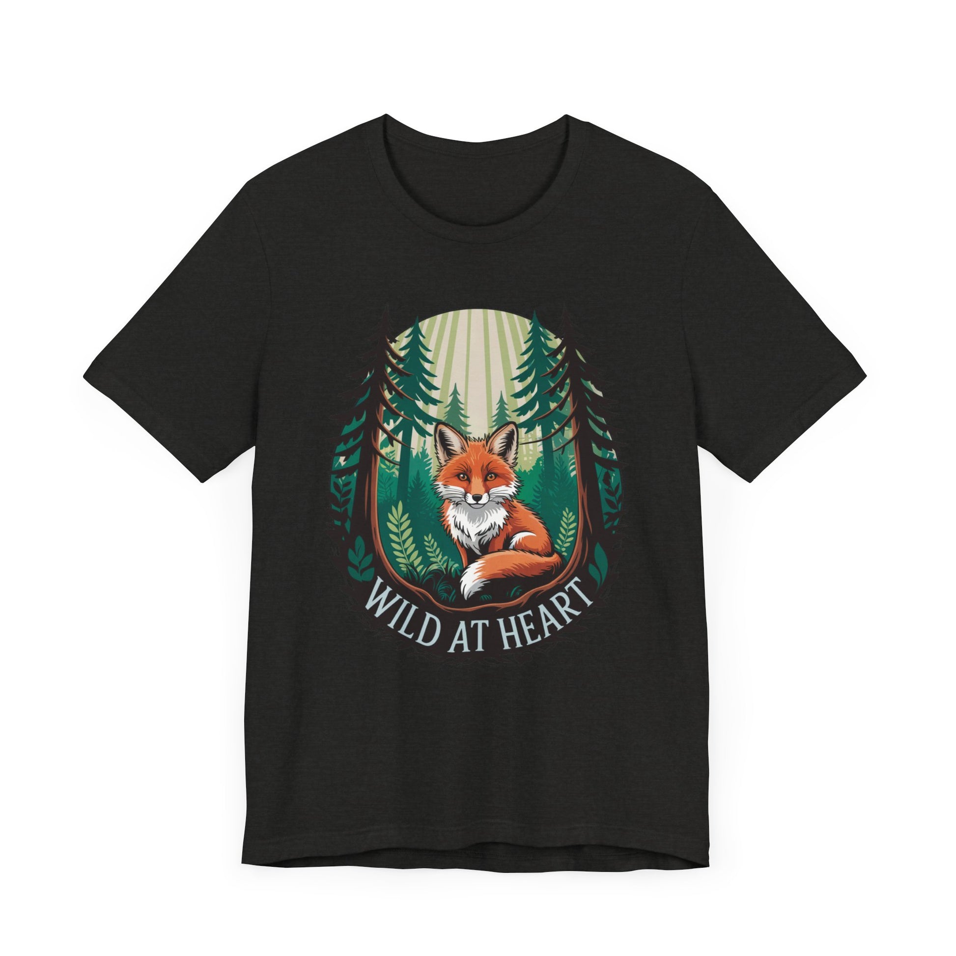 Wild at Heart Fox Illustration Bella+Canvas Unisex T-Shirt featuring a cartoon fox graphic. This lightweight, comfortable tee is perfect for casual wear, nature lovers, and animal enthusiasts.