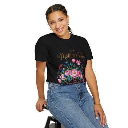 Happy Mother's Day Queen of the Heart T-Shirt featuring a classic crew neckline and durable double-needle stitching, embodying a warm, loving vibe with its comfortable, stylish design perfect for celebrating special mother figures.