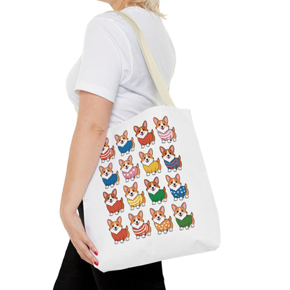 Corgi Grid Tote Bag - Cheerful Cartoon Style Dog Lover Shoulder Bag: Features a playful grid of cartoon Corgis in unique outfits, perfect for dog lovers seeking a durable, whimsical accessory.