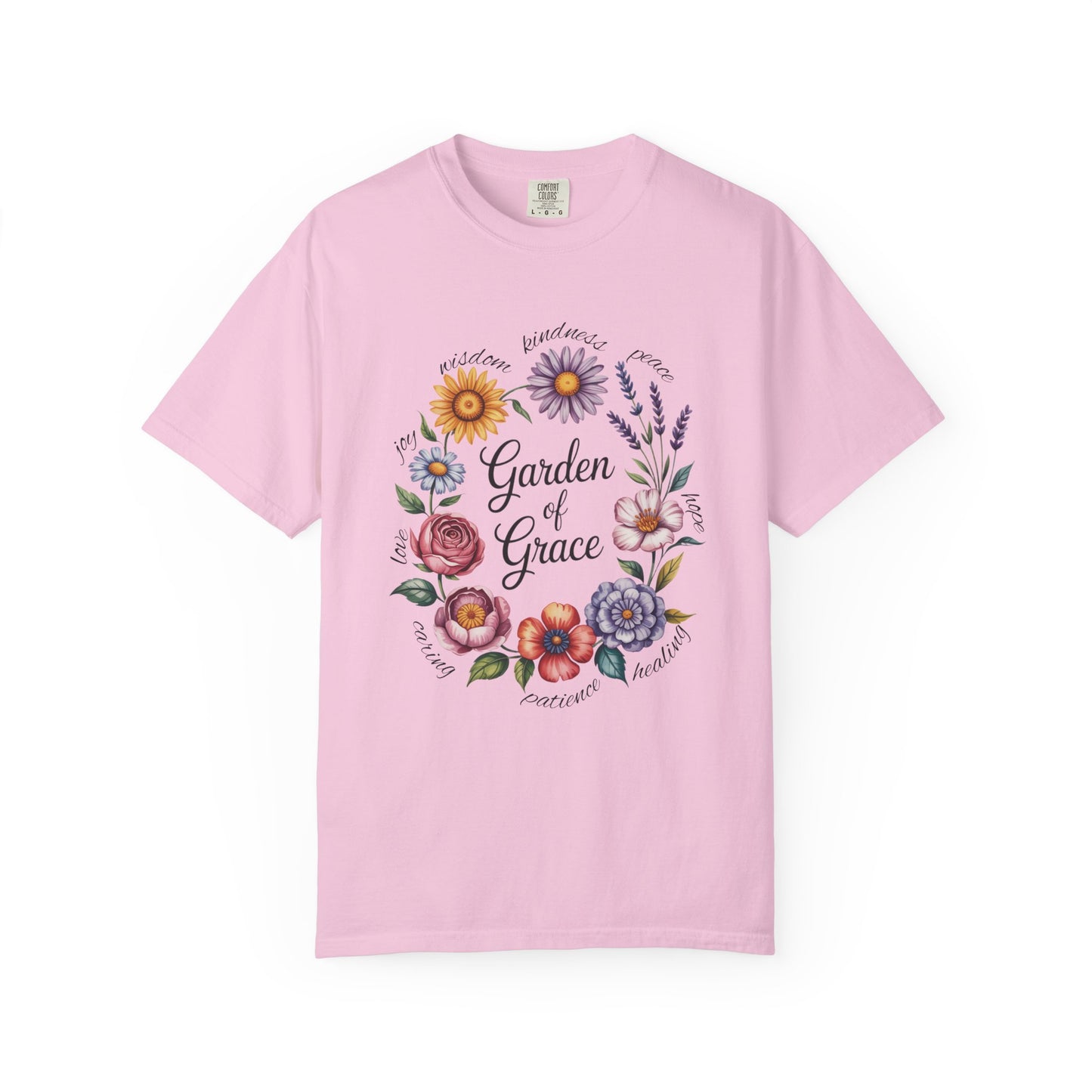 Garden of Grace Floral Wisdom T-shirt adorned with various flowers and inspirational quotes, embodying a serene vibe; ideal for nature lovers seeking comfort and positivity from FireBrook Essentials.
