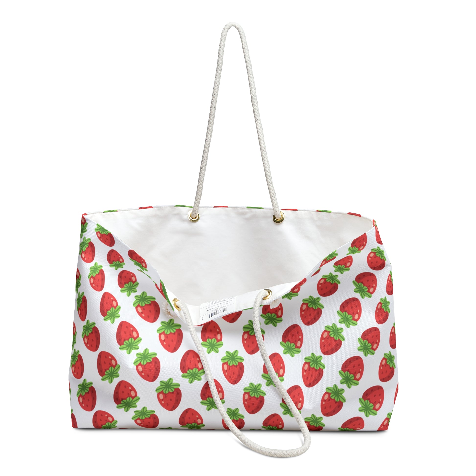 Strawberries Weekender Bag featuring playful strawberry design, ideal for travel. Equipped with durable rope handles and spacious interior, aligning with FireBrook Essentials' stylish, uplifting products for joyful living.
