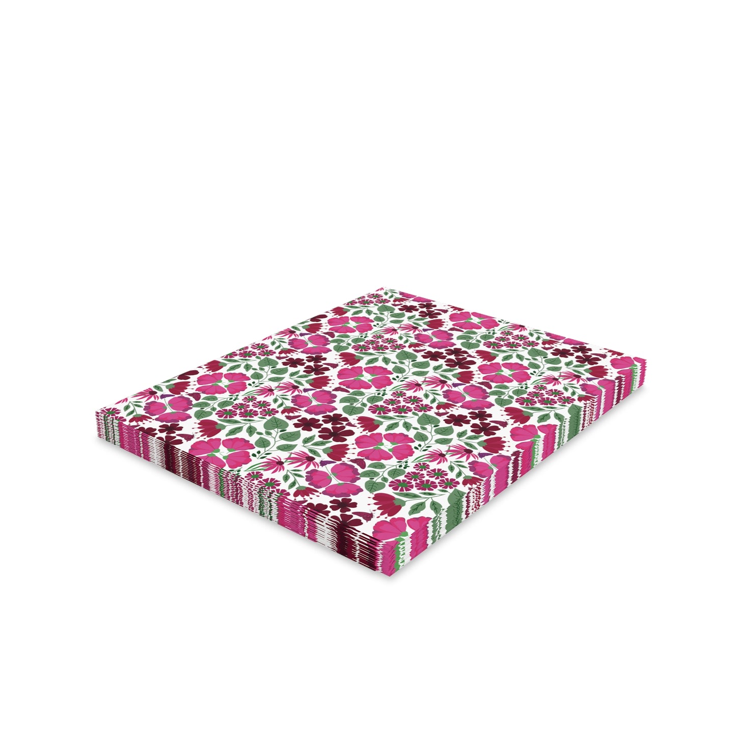 Floral Greeting Cards — Pack of 8/16/24 features a stack of square paper napkins adorned with a vibrant floral pattern, embodying FireBrook Essentials' uplifting design ethos for joyful gifting.