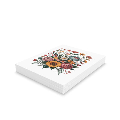 Flower Bouquet Greeting Cards — Pack of 8/16/24, featuring vibrant floral prints on square, matte-finish sheets. Each card offers a cheerful garden-inspired design, perfect for conveying gratitude or thoughtful messages.