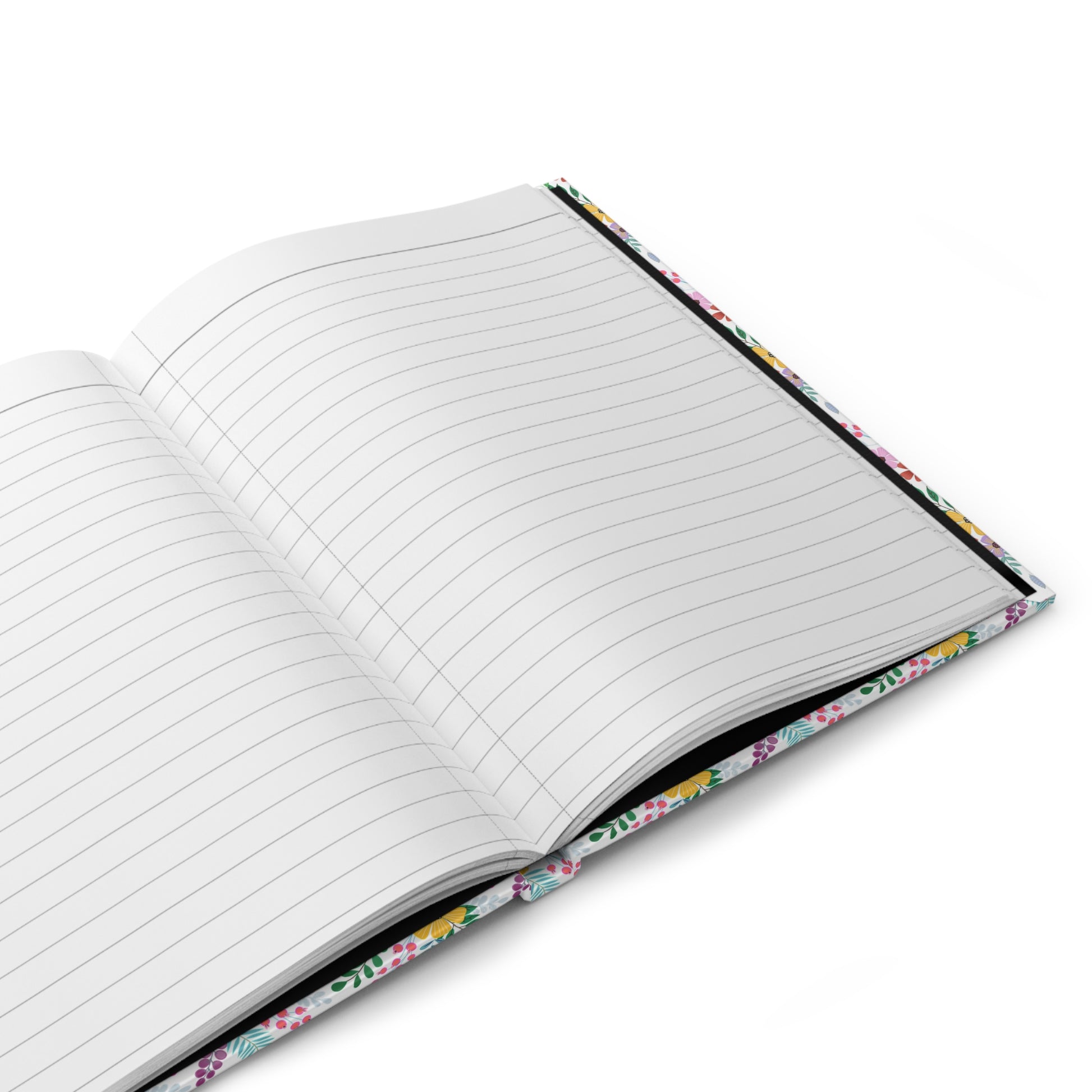 HARDCOVER JOURNAL, MATTE, RULED, 5X7, SEWN BIND, CLEAN-TEAR PAGES – BOTANICAL BURST, open with lined pages, floral cover visible, showcasing FireBrook Designs' uplifting and durable craftsmanship.