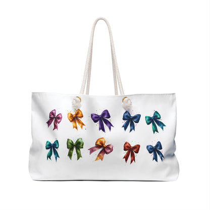 Weekender Bag - Fancy Colorful Ribbons Travel Tote for Stylish Getaways, featuring colorful bows on a white background, ideal for chic travel and organization, with rope handles and a spacious interior.