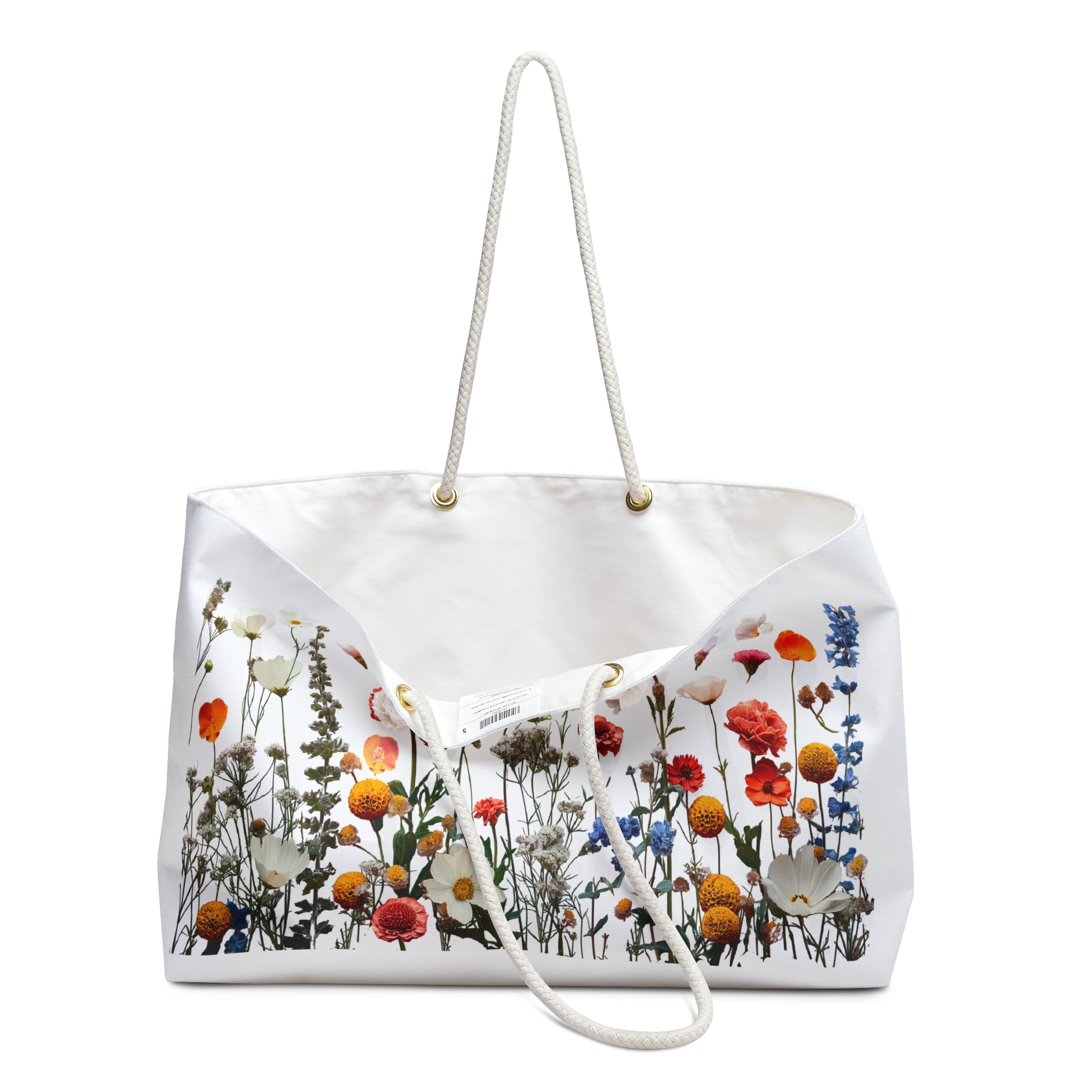 Weekender Bag - Wildflowers Floral Print Travel Tote: A close-up of a vibrant floral design on a spacious bag, featuring durable rope handles, ideal for nature-inspired getaways.