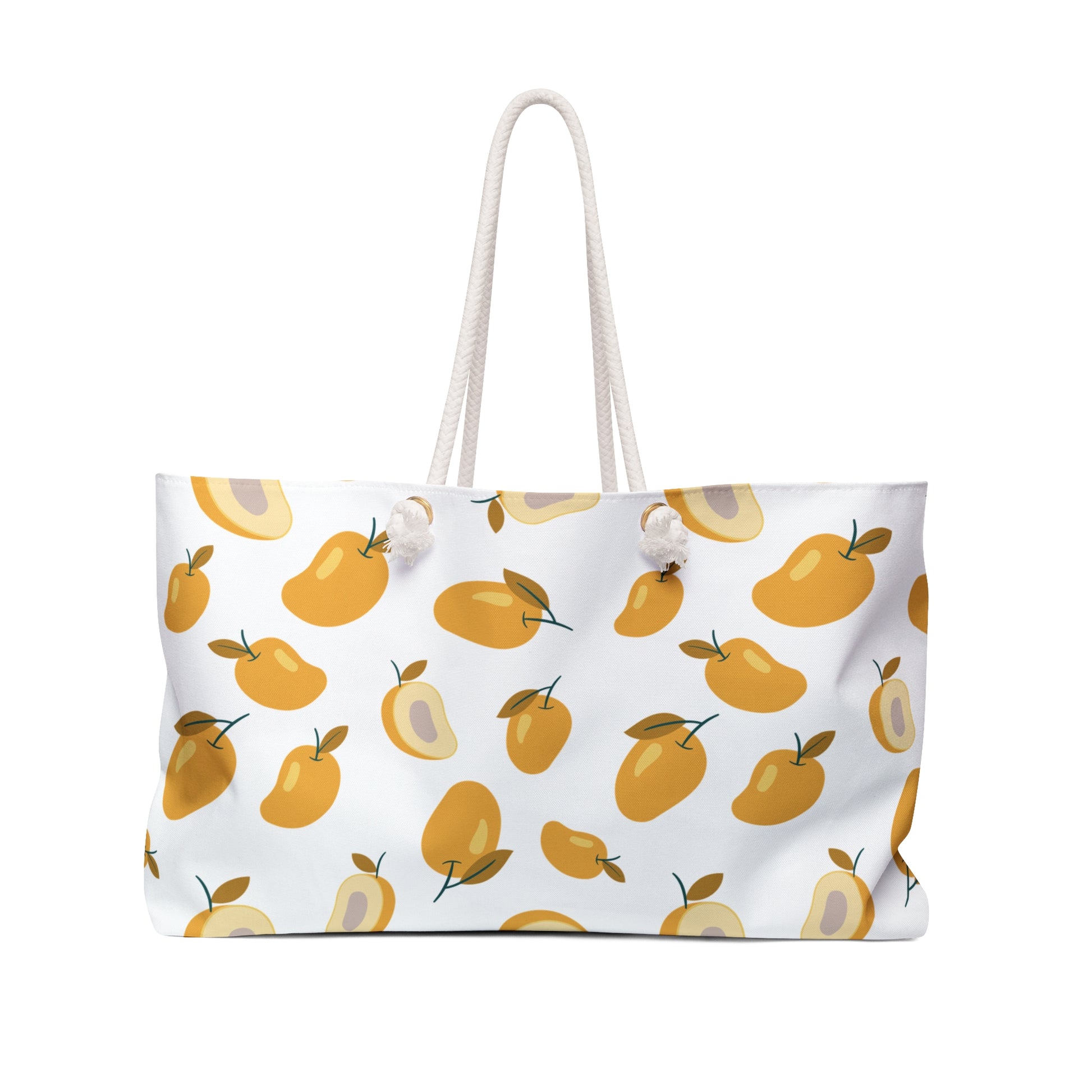 Mango Weekender Bag – Tropical Fruit Travel Tote: A spacious, durable bag with a vibrant mango pattern, featuring rope handles and a T-bottom design, ideal for joyful outings and summer adventures.