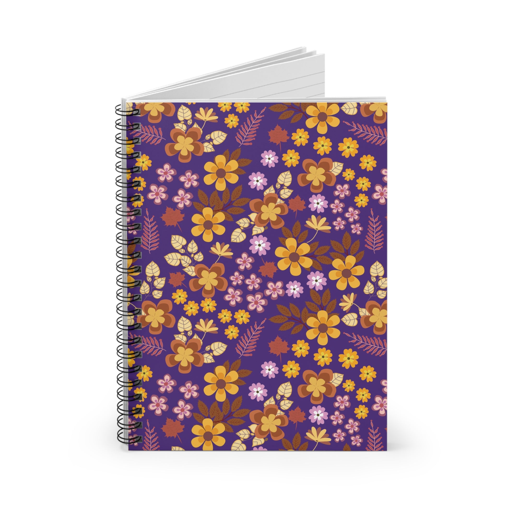 Floral Spiral Notebook with vibrant autumnal floral pattern on a deep purple cover, standing upright. Sleek metal spiral binding and visible white lined pages enhance ease of use. Perfect for creative note-taking.