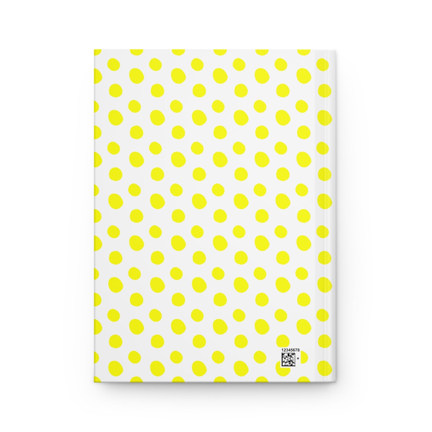 HARDCOVER JOURNAL, MATTE, RULED, 5X7, SEWN BIND, CLEAN-TEAR PAGES – POLKA DOTS, YELLOW: This journal features a durable white cover with yellow polka dots, a small barcode, and a QR-style code for easy reference.