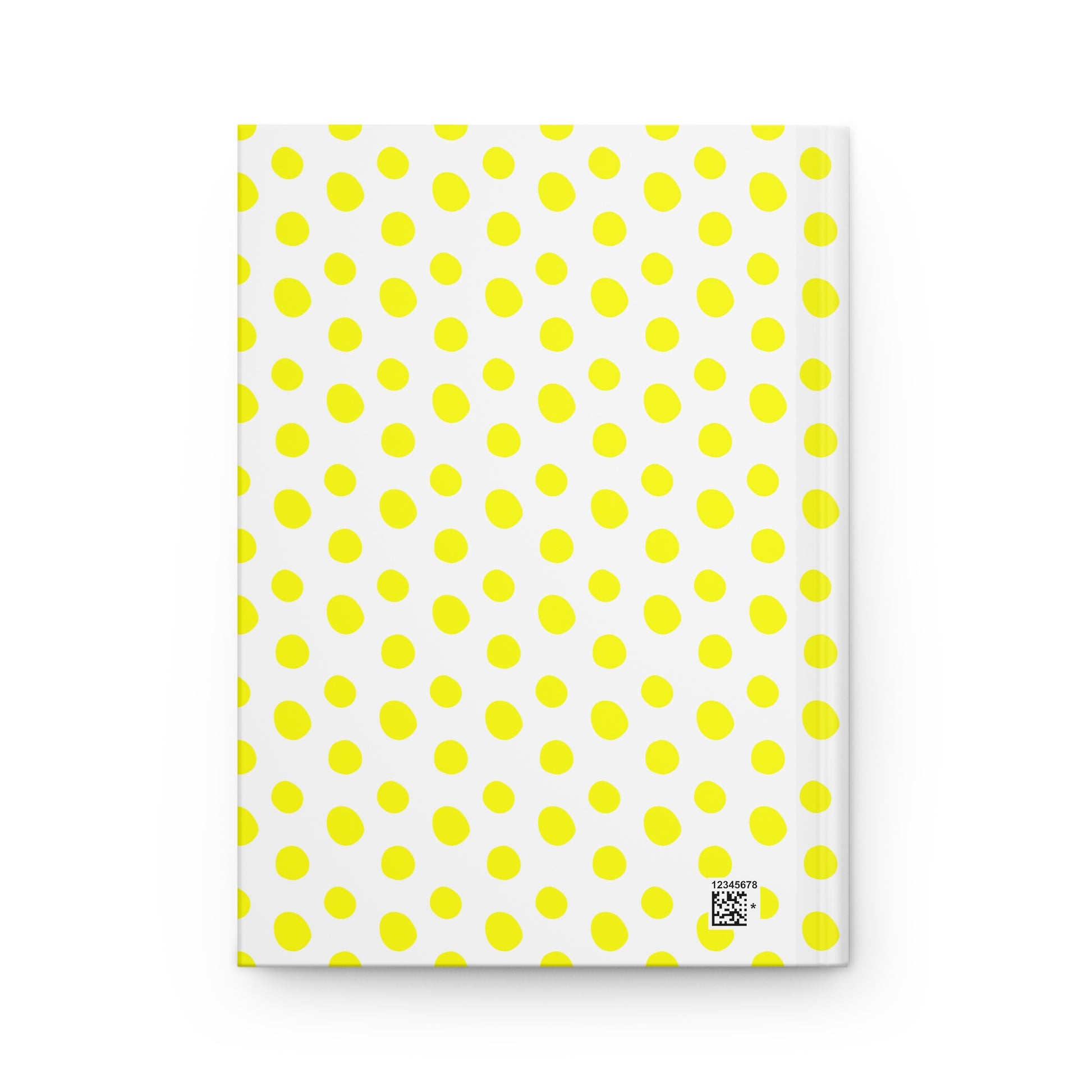 HARDCOVER JOURNAL, MATTE, RULED, 5X7, SEWN BIND, CLEAN-TEAR PAGES – POLKA DOTS, YELLOW: This journal features a durable white cover with yellow polka dots, a small barcode, and a QR-style code for easy reference.