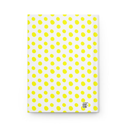 HARDCOVER JOURNAL, MATTE, RULED, 5X7, SEWN BIND, CLEAN-TEAR PAGES – POLKA DOTS, YELLOW: This journal features a durable white cover with yellow polka dots, a small barcode, and a QR-style code for easy reference.