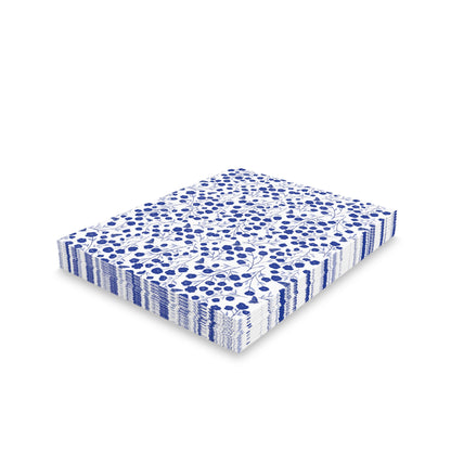 Floral Greeting Cards — Pack of 8/16/24 feature a neat stack of white paper napkins adorned with a small-scale blue floral pattern, ideal for joyful, personal messages.