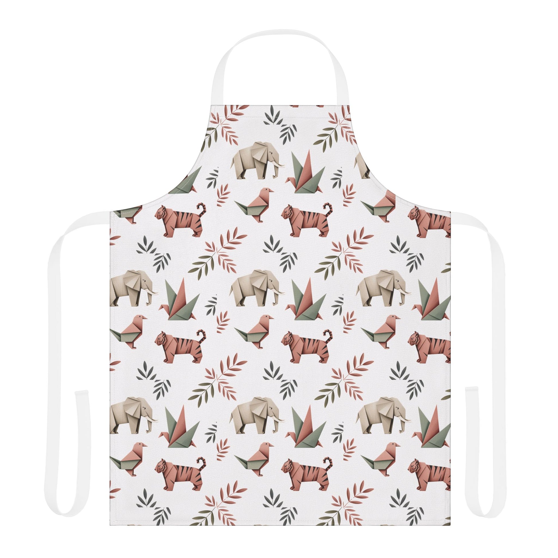 Apron, Origami Animals Pattern Design: A stylish apron showcasing intricate origami animal motifs, crafted from soft polyester canvas with a tie-back closure, designed for comfort and flair in your cooking endeavors.