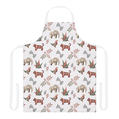 Apron, Origami Animals Pattern Design: A stylish apron showcasing intricate origami animal motifs, crafted from soft polyester canvas with a tie-back closure, designed for comfort and flair in your cooking endeavors.