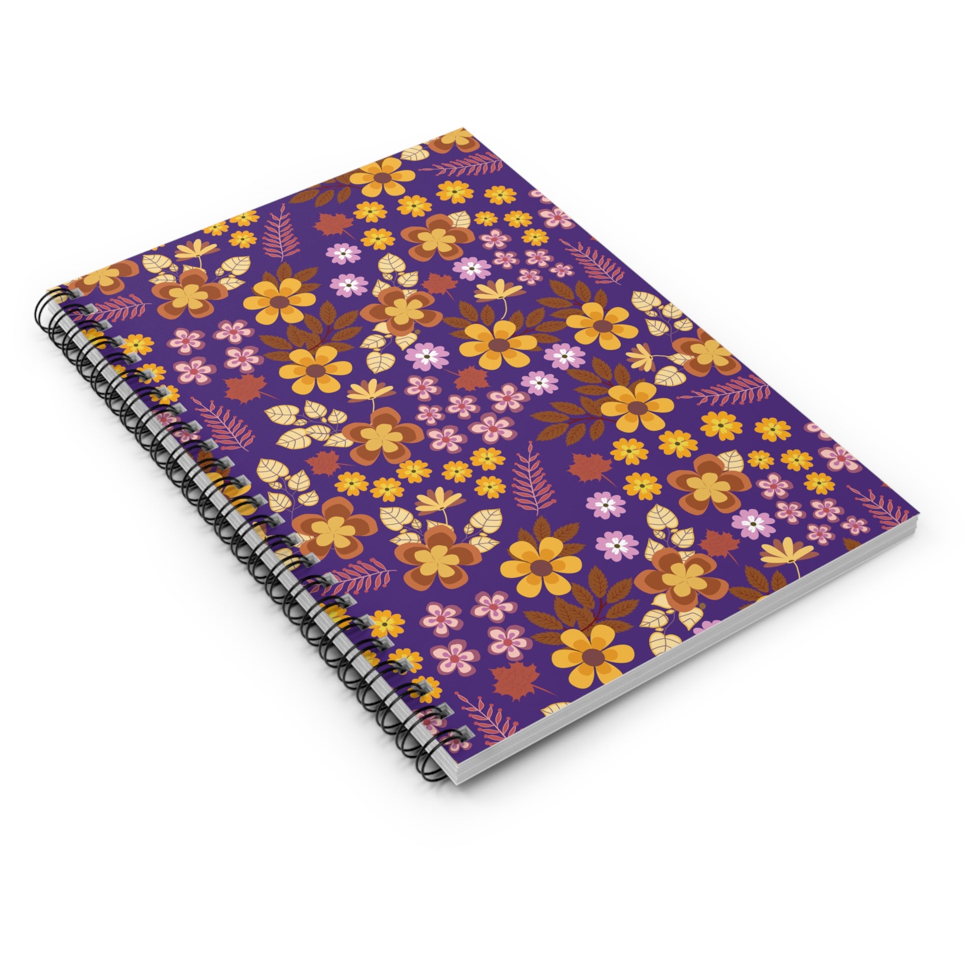 Floral Spiral Notebook with vibrant yellow, orange, and pink blossoms on a purple cover, featuring durable black wire binding. Ideal for creative notes, sketches, and journaling. Perfect for students and professionals.