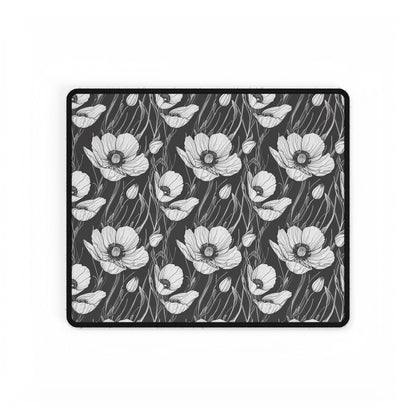 Monochrome Poppies Floral Desk Mat: A detailed black-and-white poppy pattern desk pad, perfect for gifting. Ideal for enhancing workspaces with elegance and style, featuring a smooth, durable surface for easy mouse use.