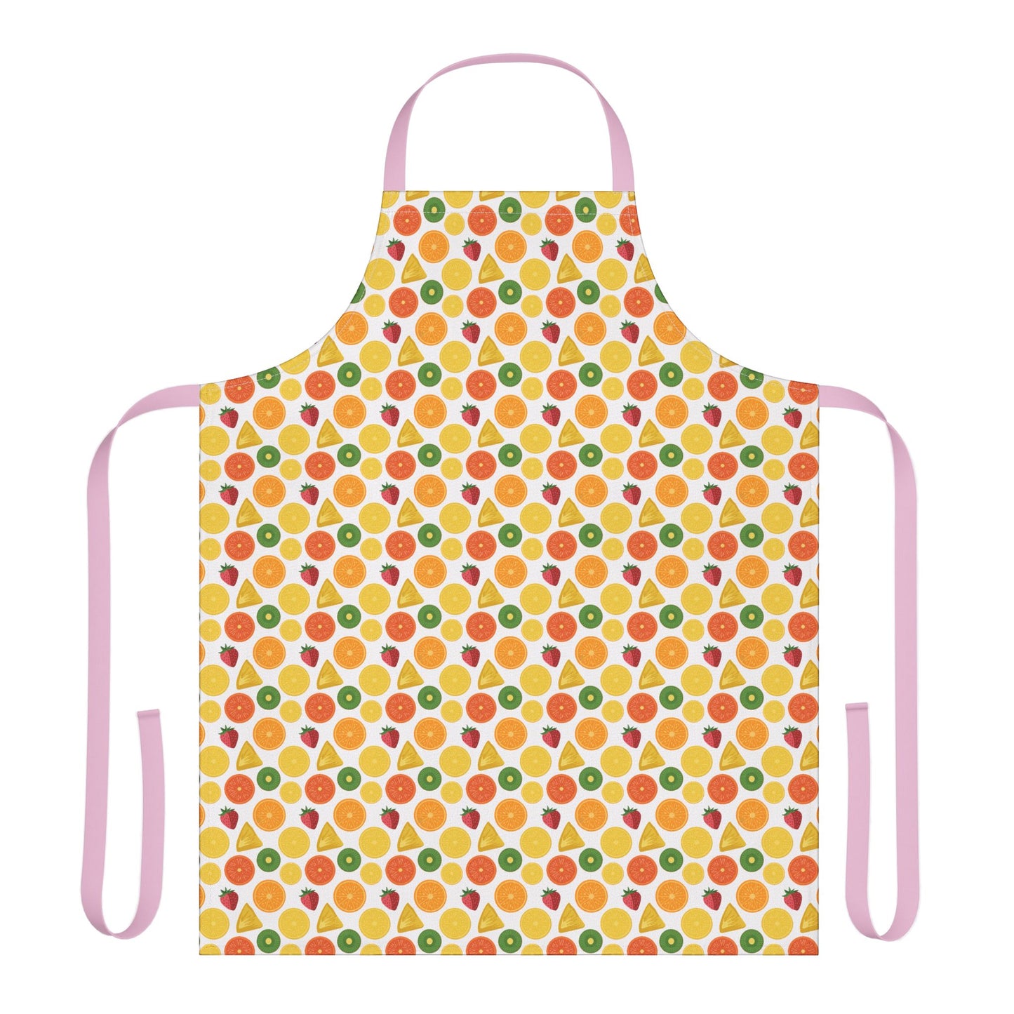 Apron, Fruit Slices Pattern, 5-Color Straps: A vibrant apron featuring a playful fruit slices pattern, designed for creative cooks or artists, offering comfort and style with tie-back closure and stain-free polyester canvas.
