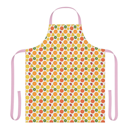 Apron, Fruit Slices Pattern, 5-Color Straps: A vibrant apron featuring a playful fruit slices pattern, designed for creative cooks or artists, offering comfort and style with tie-back closure and stain-free polyester canvas.