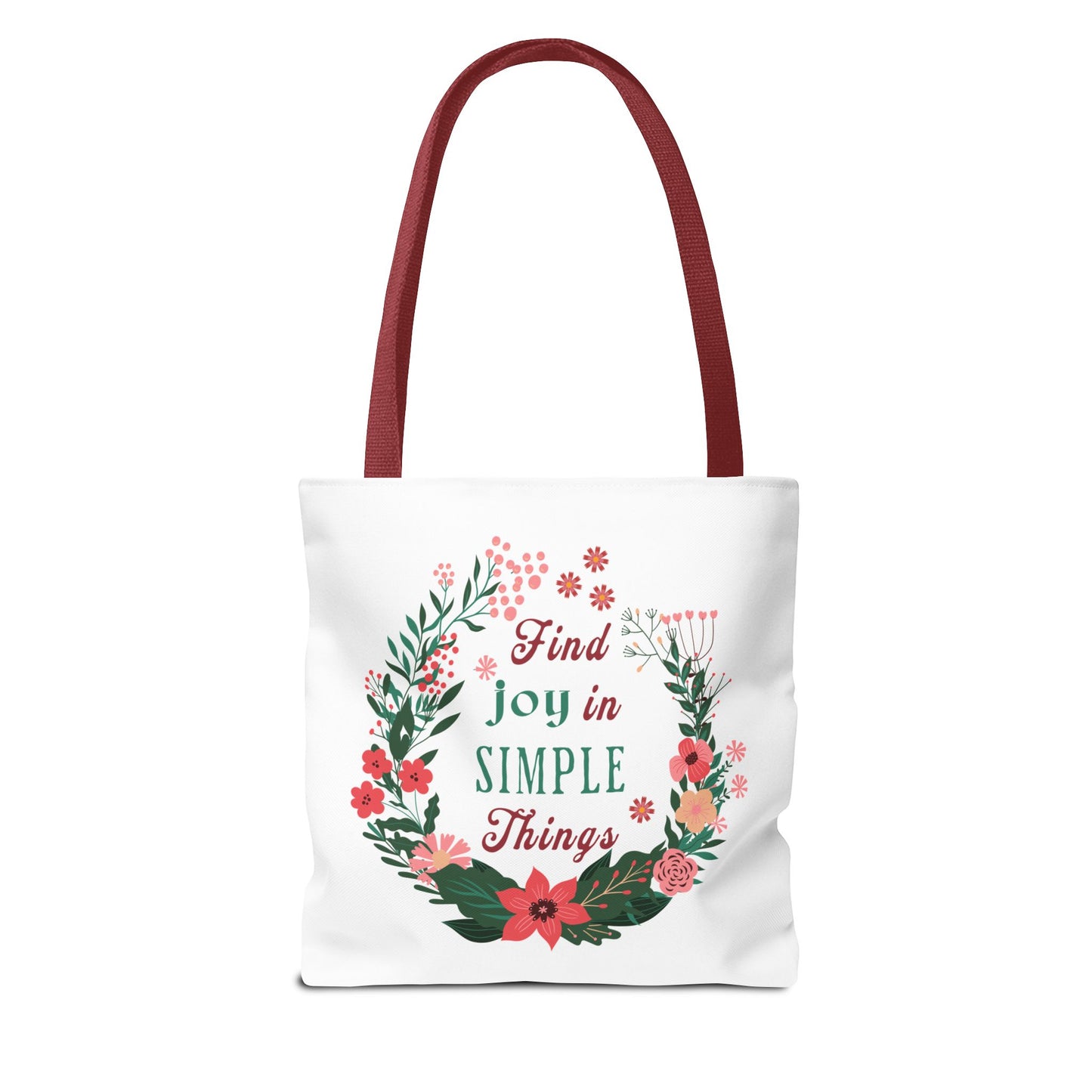 Find Joy in Simple Things Tote Bag featuring a watercolor floral design with red handles, perfect for stylish, everyday use and carrying essentials.