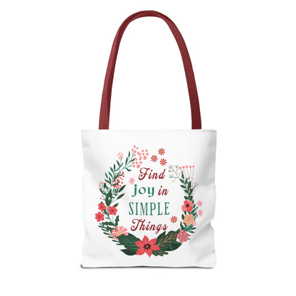 Find Joy in Simple Things Tote Bag featuring a watercolor floral design with red handles, perfect for stylish, everyday use and carrying essentials.