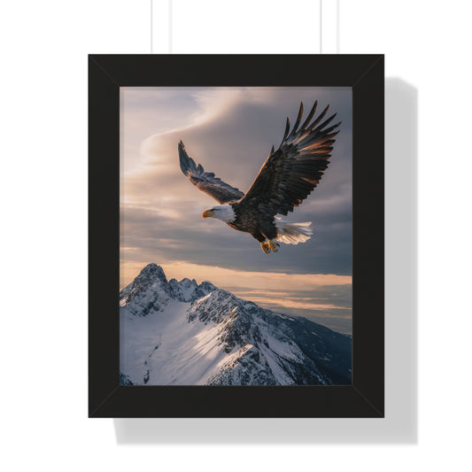 Vertical Poster - Magnificent Bald Eagle Soaring Over Snow-Capped Mountains, capturing a bald eagle in flight during golden hour, framed for easy display, perfect for nature lovers and outdoor enthusiasts.