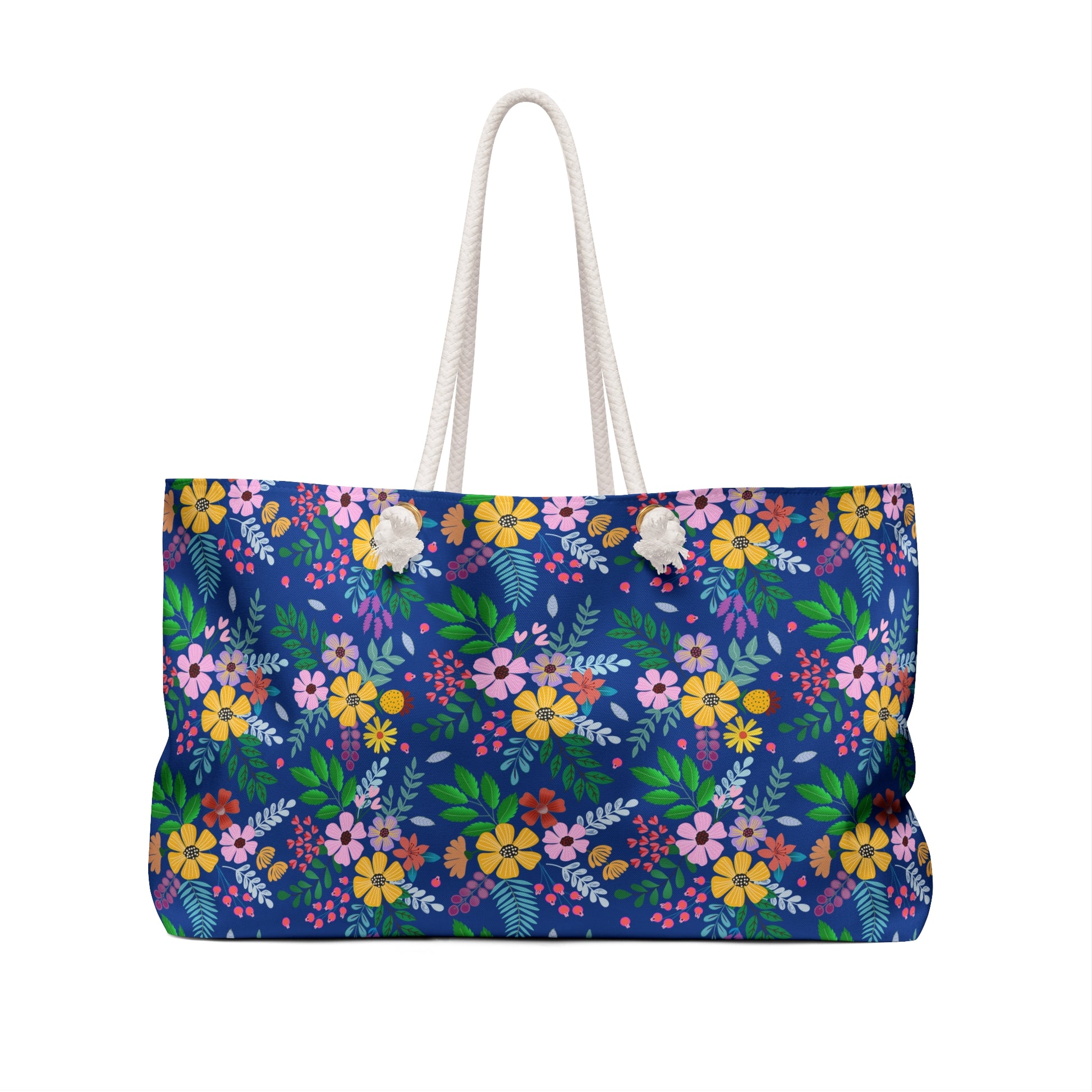 Weekender Bag with vibrant floral pattern and sturdy white rope handles, ideal for stylish travel. Features a spacious interior and T-bottom design, reflecting FireBrook Essentials' commitment to joy and comfort.