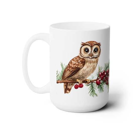 Owls on a Branch Ceramic Coffee Mug - Nature Inspired 15 oz Cup for Bird Lovers showcases an intricately designed owl perched on a branch, perfect for enjoying your favorite hot beverages.