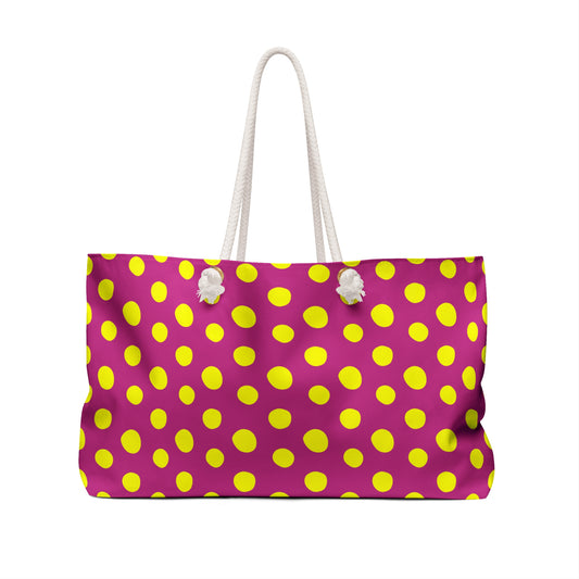Yellow Polka Dot Red Weekender Bag with rope handles and a generous size, ideal for stylish travel; embodies FireBrook Designs' playful and uplifting spirit for joyful weekend getaways.