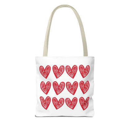 Hearts Tote Bag, a stylish and durable tote adorned with red hearts, perfect for adding charm to everyday outfits. Designed for versatility, ideal for special occasions and daily use.