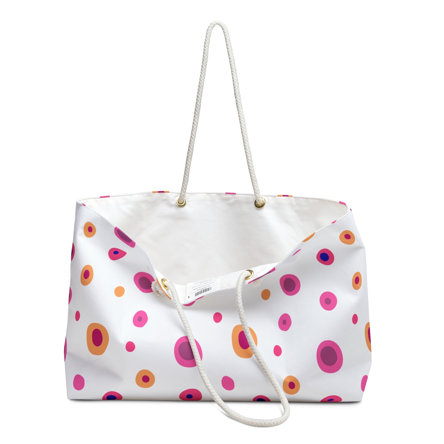 Travel Bag Yellow and Pink Circles: A stylish, vibrant weekender with rope handles, perfect for cheerful travel adventures. Durable, spacious, and wrinkle-resistant, ideal for joyful getaways, embodying FireBrook Designs' uplifting essence.