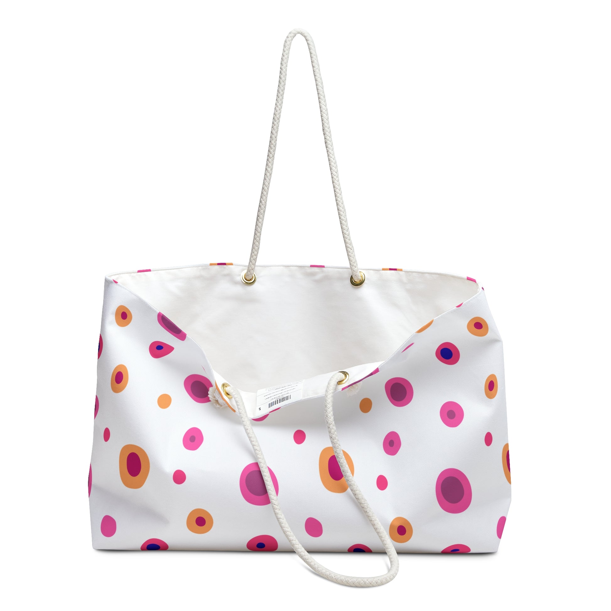 Travel Bag Yellow and Pink Circles: A stylish, vibrant weekender with rope handles, perfect for cheerful travel adventures. Durable, spacious, and wrinkle-resistant, ideal for joyful getaways, embodying FireBrook Designs' uplifting essence.