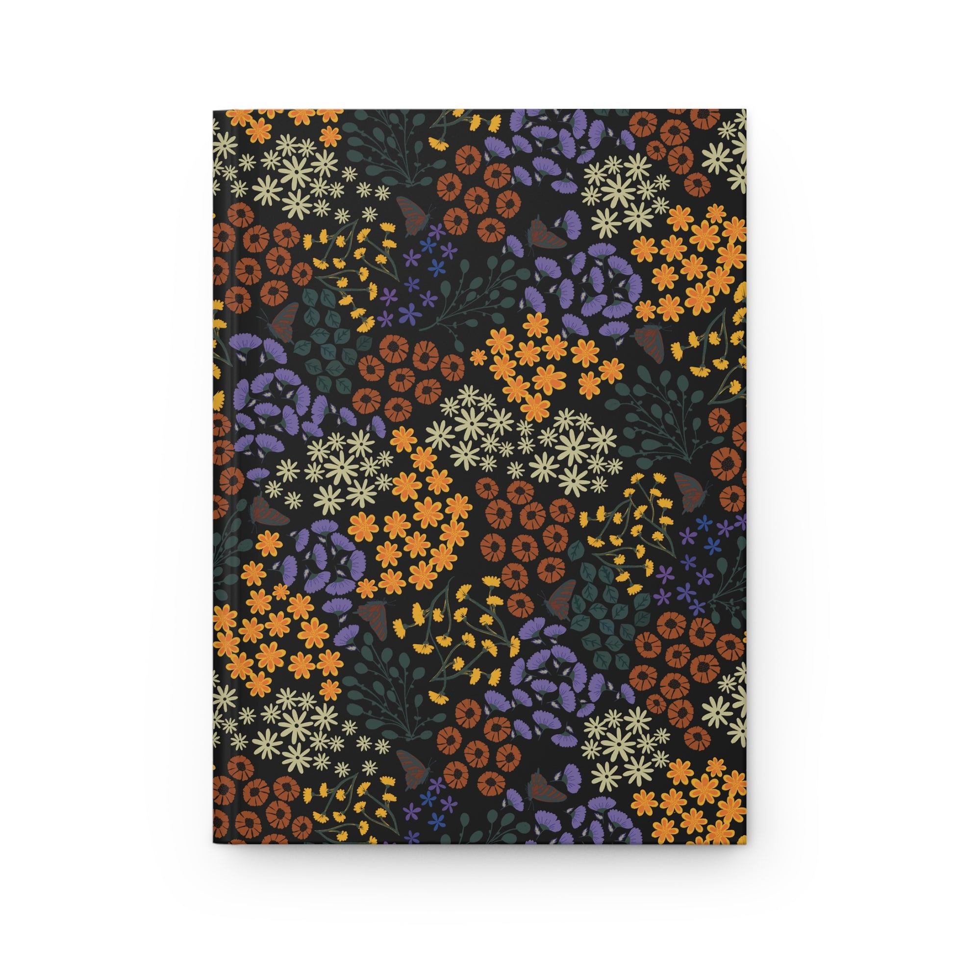HARDCOVER JOURNAL, MATTE, RULED, 5X7, SEWN BIND, CLEAN-TEAR PAGES - AUTUMN NIGHT features a vibrant floral cover with stylized blooms and butterflies, embodying FireBrook Designs' uplifting and joyful essence.