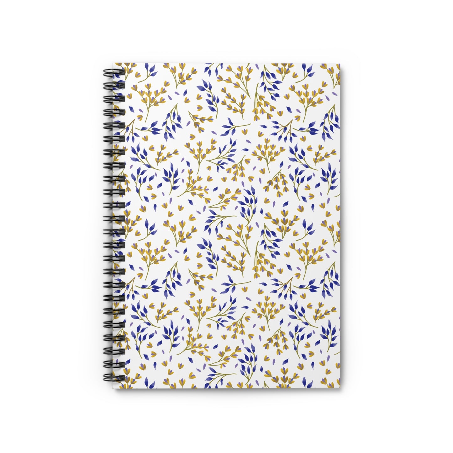 SPIRAL NOTEBOOK, DURABLE COVER, RULED, 6X8 – SPRING BRANCHES features a white cover with golden-yellow flower buds and blue leaves. Ideal for on-the-go note-taking with durable metal spirals.