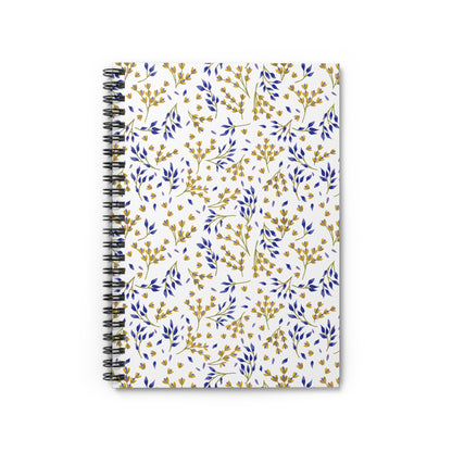 SPIRAL NOTEBOOK, DURABLE COVER, RULED, 6X8 – SPRING BRANCHES features a white cover with golden-yellow flower buds and blue leaves. Ideal for on-the-go note-taking with durable metal spirals.