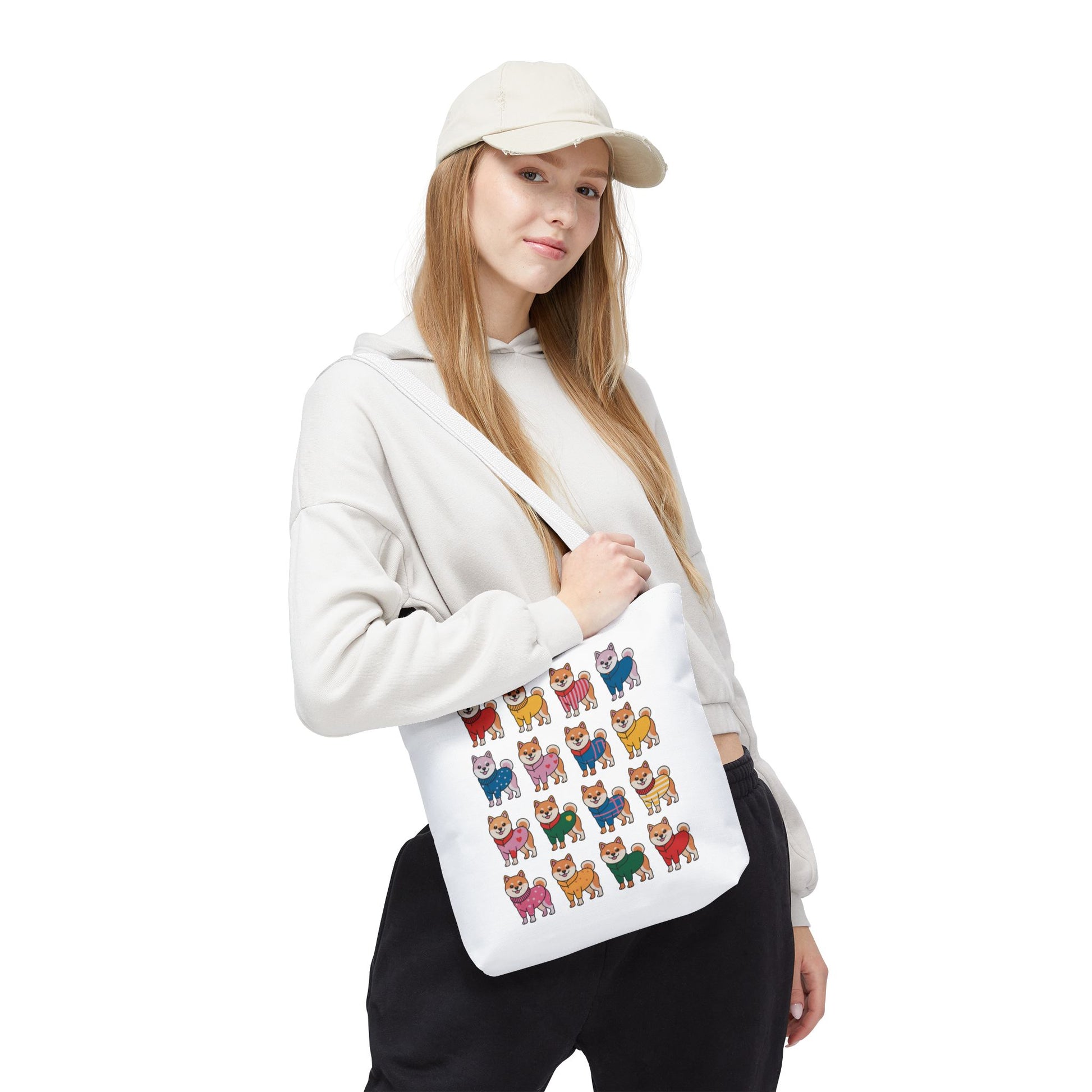 Shiba Inu Grid Tote Bag with Colorful Outfits, showcasing Shiba Inus in whimsical attire, crafted from durable 100% polyester with reinforced handles, perfect for adding joy to everyday errands.