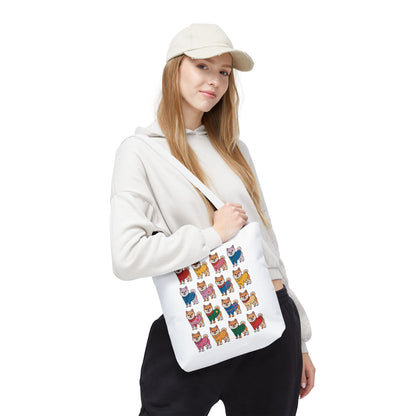Shiba Inu Grid Tote Bag with Colorful Outfits, showcasing Shiba Inus in whimsical attire, crafted from durable 100% polyester with reinforced handles, perfect for adding joy to everyday errands.