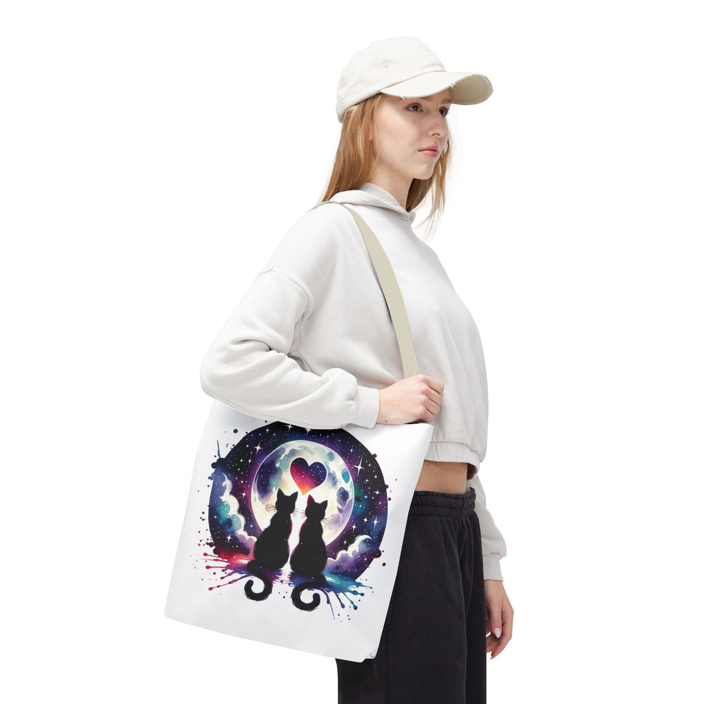 Copy of Cat Lovers Under the Moon Tote Bag, featuring a charming cat design, perfect for everyday use. Durable polyester with reinforced handles, ideal for groceries or books. Available in multiple sizes for versatility.