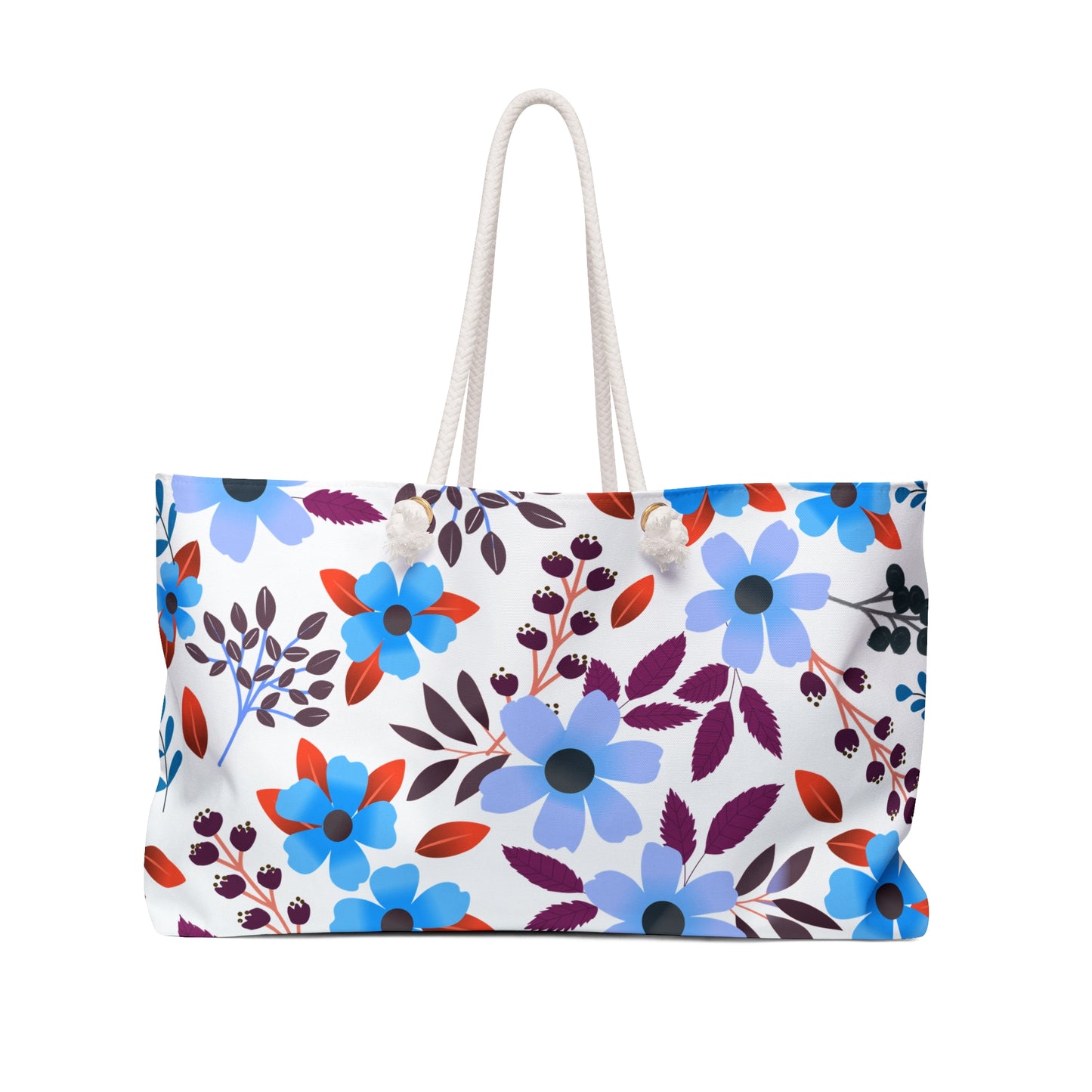 Weekender Bag with thick white rope handles, adorned with a blue and lavender floral pattern on a white background, ideal for stylish and joyful travel. Generous size offers ample storage.