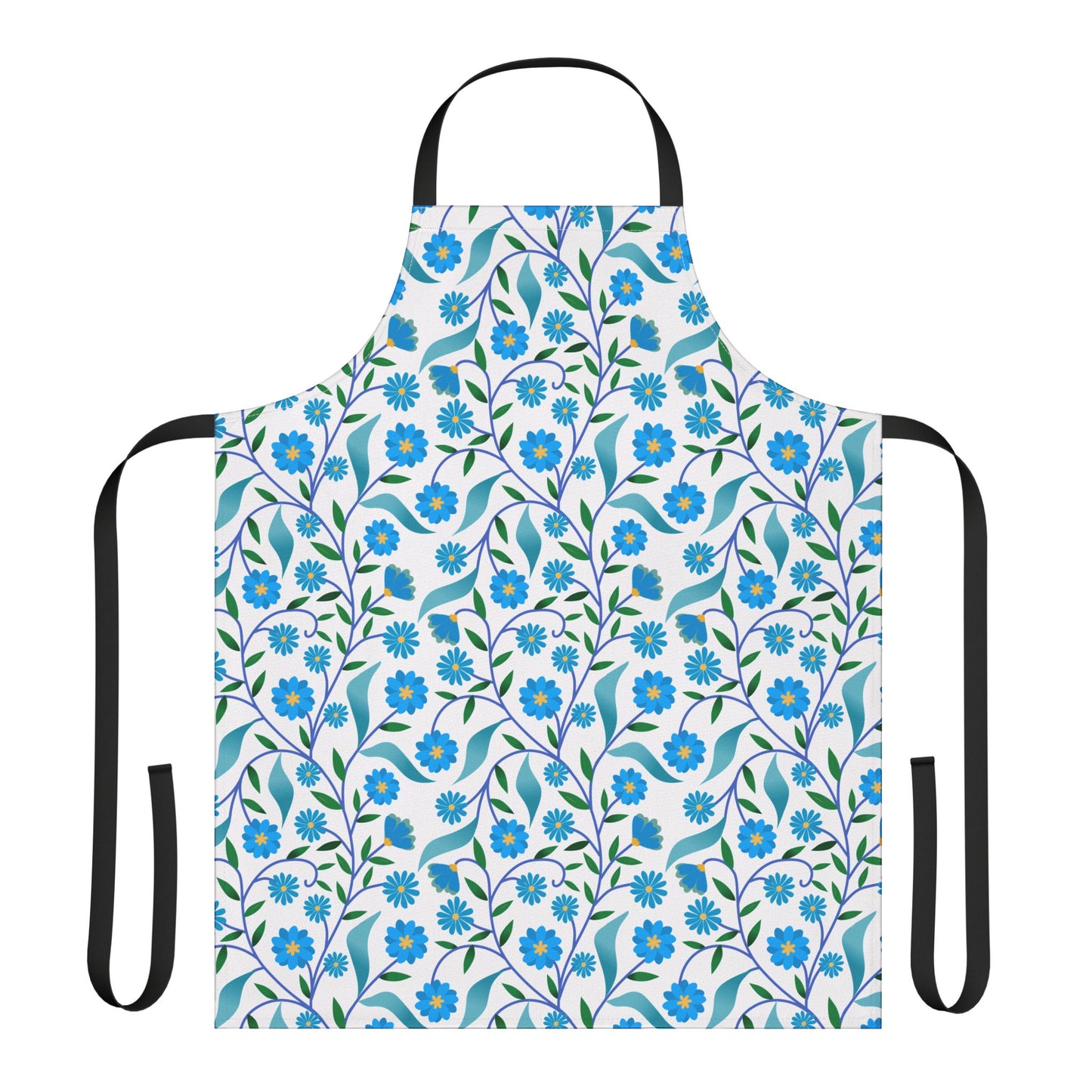 Apron Floral Design by FireBrook Essentials, featuring a white canvas with blue floral patterns, black neck loop, and waist ties. Made of stain-free polyester for comfort, ideal for joyful cooking or crafting.