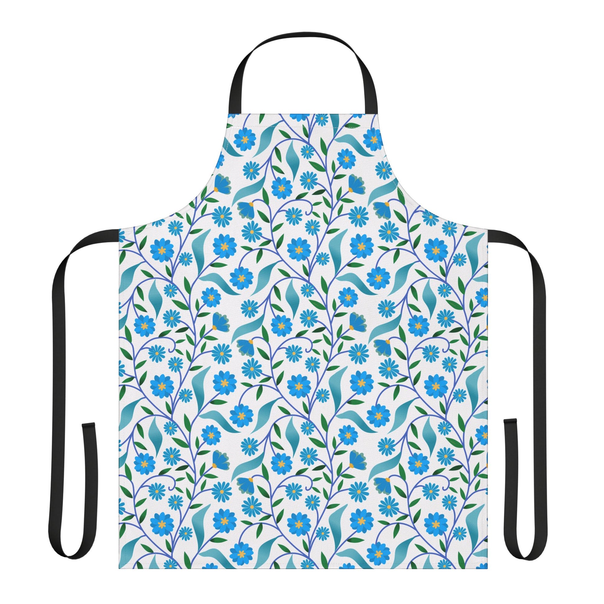Apron Floral Design by FireBrook Essentials, featuring a white canvas with blue floral patterns, black neck loop, and waist ties. Made of stain-free polyester for comfort, ideal for joyful cooking or crafting.