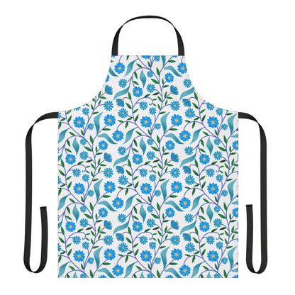 Apron Floral Design by FireBrook Essentials, featuring a white canvas with blue floral patterns, black neck loop, and waist ties. Made of stain-free polyester for comfort, ideal for joyful cooking or crafting.