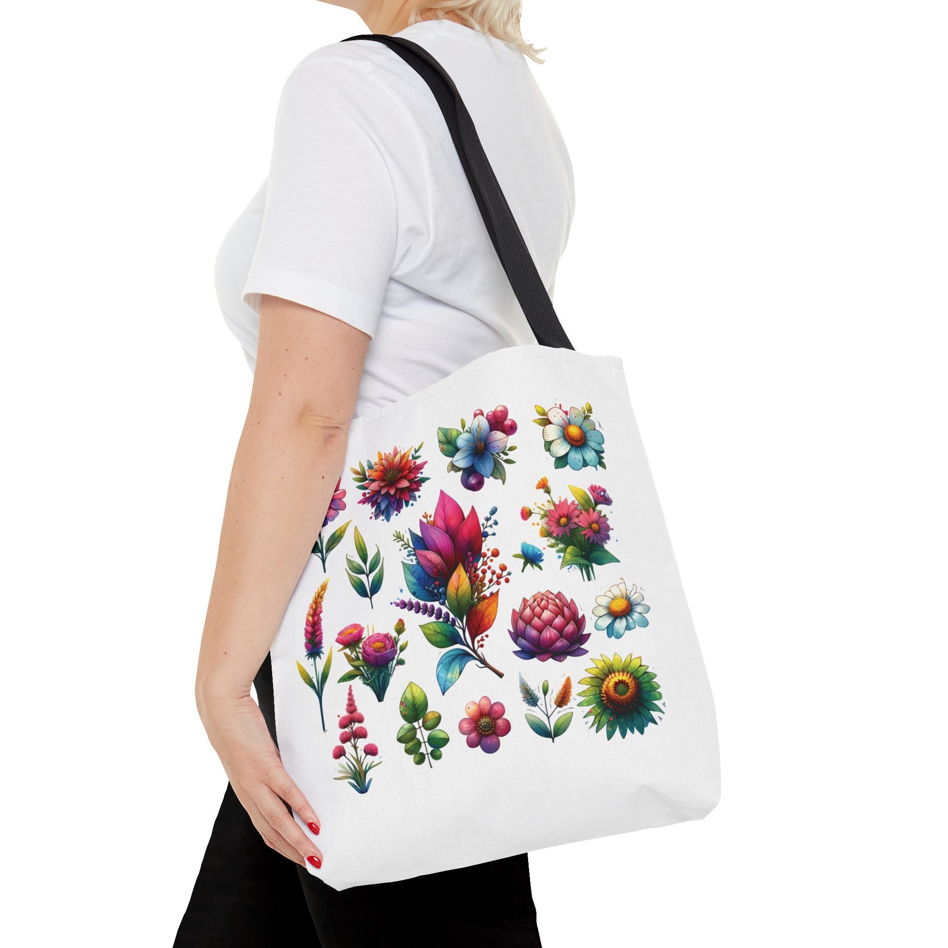 Floral Tote Bag featuring vibrant flower patterns, perfect for everyday use. Durable polyester with reinforced stitching, designed for style and practicality.