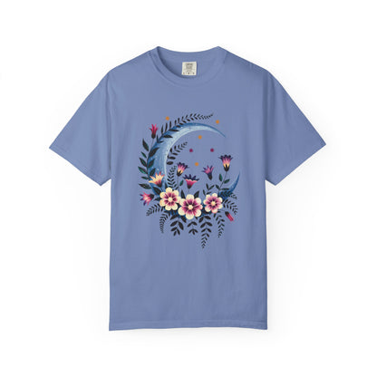 Crescent Moon Floral T-Shirt with a bohemian vibe, features durable double-needle stitching and a relaxed crew neckline, perfect for casual gatherings, embodying FireBrook Essentials' uplifting, stylish apparel ethos.