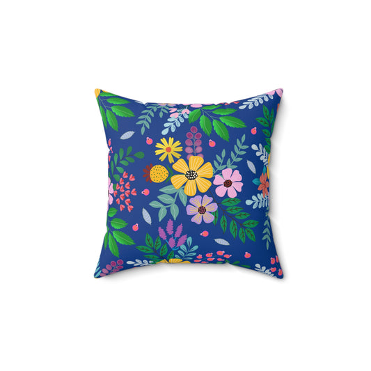 Floral Garden Decorative Pillow — Navy Botanical Throw Pillow features bright, stylized flowers and foliage on a deep navy background, showcasing vibrant colors and a cheerful design, enhancing any space with garden-inspired elegance.