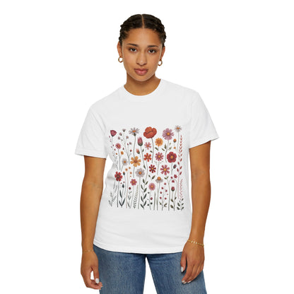 Wildflowers Summer T-Shirt displays a vibrant floral pattern, embodying a carefree summer vibe. Ideal for outdoor adventures, its durable, sleek design aligns with FireBrook Essentials' stylish, joyful ethos.