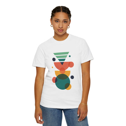 Geometric Abstract in Teal, Blue, Yellow, Pink, Green T-Shirt features a trendy vector-style design with colorful geometric shapes on a soft, relaxed-fit garment-dyed fabric, embodying FireBrook Essentials' stylish, uplifting apparel ethos.