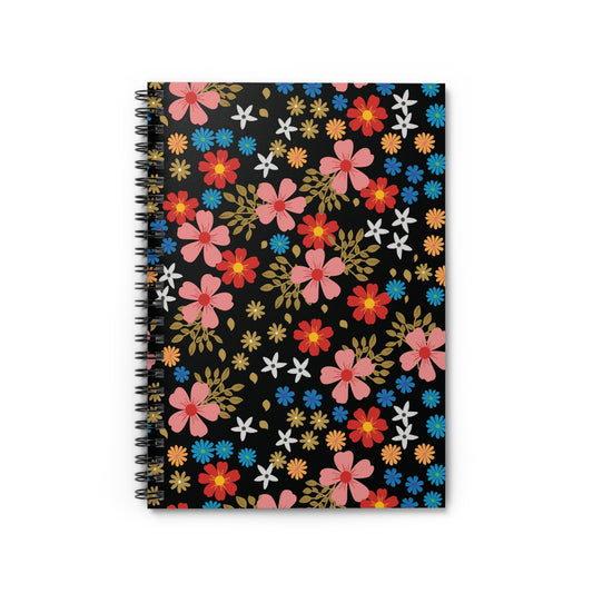 Floral Spiral Notebook with vibrant blossoms and gold-tone sprigs, featuring a sleek metal binding for easy page turning. Ideal for creative note-taking, reflecting FireBrook Essentials' joyful, uplifting design ethos.
